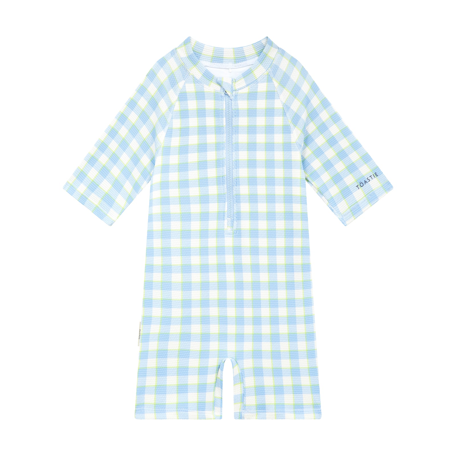 blue gingham SPF50 onesie
