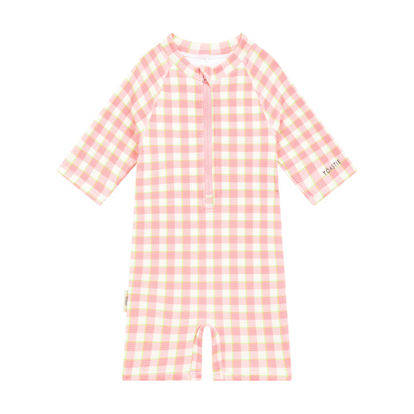 pink gingham SPF50 onesie